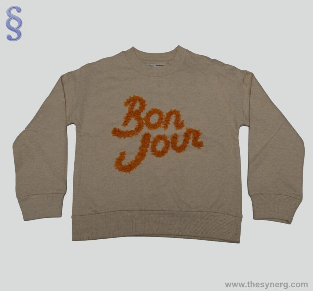 Sweatshirts manufacturers in India | Private Label Custom Hooded Crewneck manufacturers Tirupur 8 Full sleeve heavyweight sweatshirt with Bon Jour appliqué embroidery crafted by leading sweatshirt manufacturers in Tirupur and trusted hooded sweatshirt manufacturer