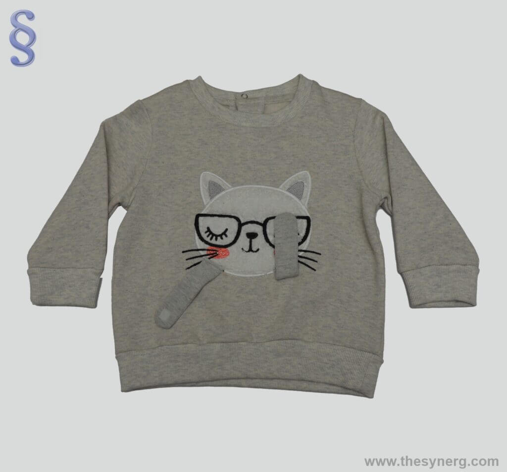 Sweatshirts manufacturers in India | Private Label Custom Hooded Crewneck manufacturers Tirupur 11 Kids crewneck sweatshirt in grey melange cotton fleece with cat face appliqué embroidery made by cotton custom crewneck sweatshirt manufacturers