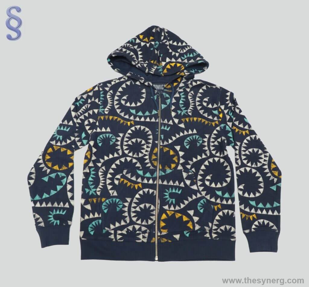 All-over printed zip-up hoodie made by Synerg, leading zipper and print hoodie manufacturers from Tirupur, India.