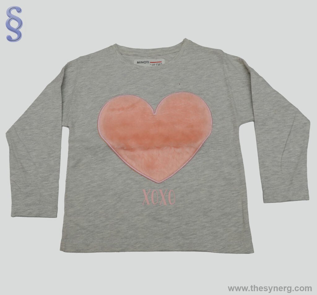Top, custom, and organic children’s clothing manufacturers in India producing heart-shaped applique embroidery garments with melange fabric from Tirupur.