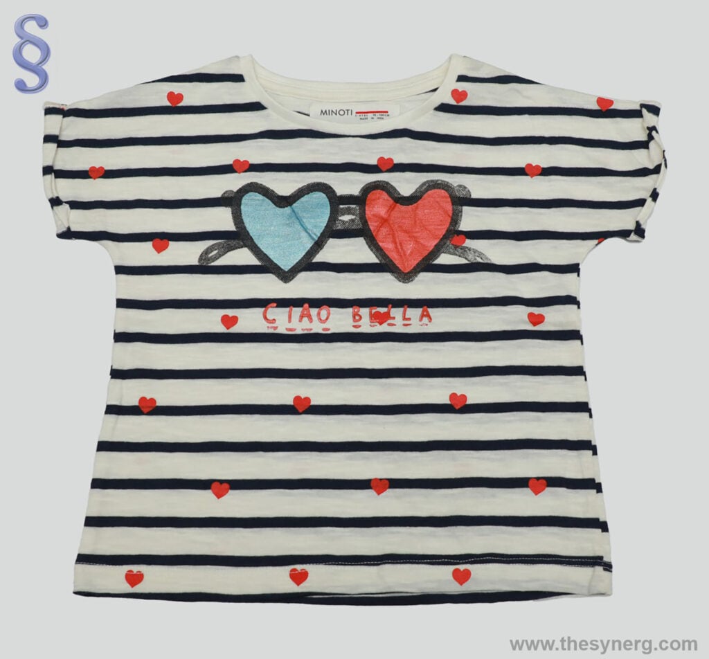 Children’s clothing companies and Tirupur kids clothing manufacturers producing striped all-over printed tops with twin-heart applique using premium cotton fabrics.