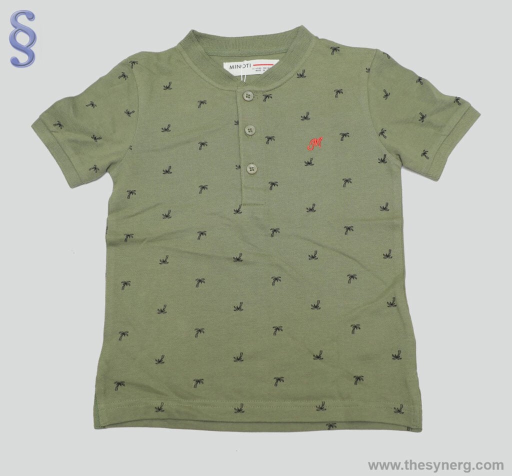 Children’s dress manufacturers in India and children’s garment manufacturers in India producing Chinese collar all-over printed T-shirts made from soft, organic cotton in Tirupur.