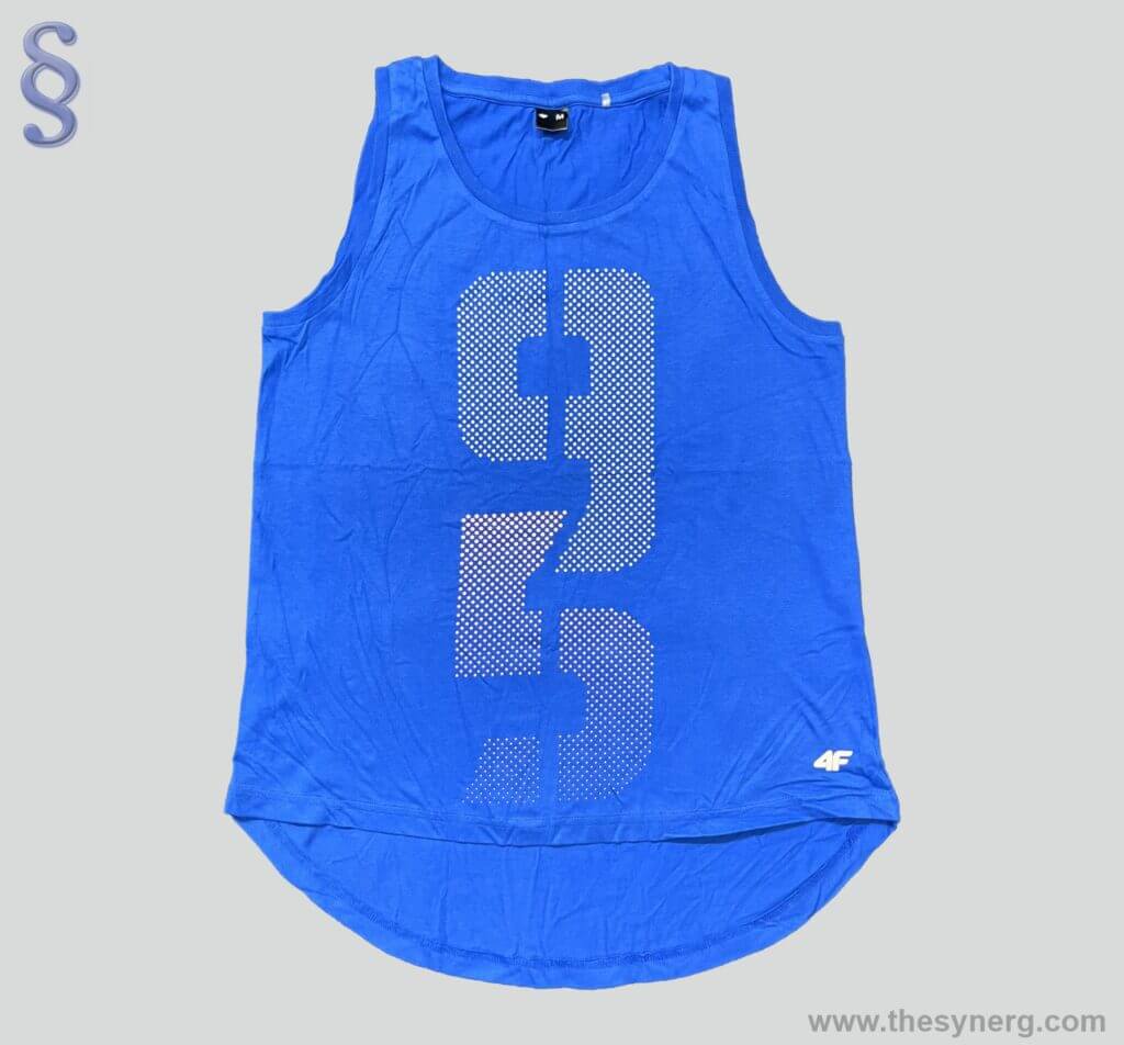 Number printed sleeveless athletic activewear made by Synerg which is activewear clothing manufacturer