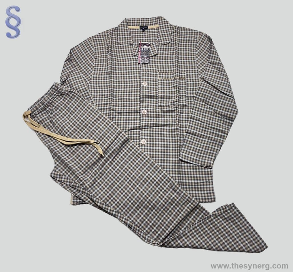 Yarn-dyed men’s night gown produced by Synerg, expert in nightwear manufacturing and leading night dress manufacturers in Tirupur, India.