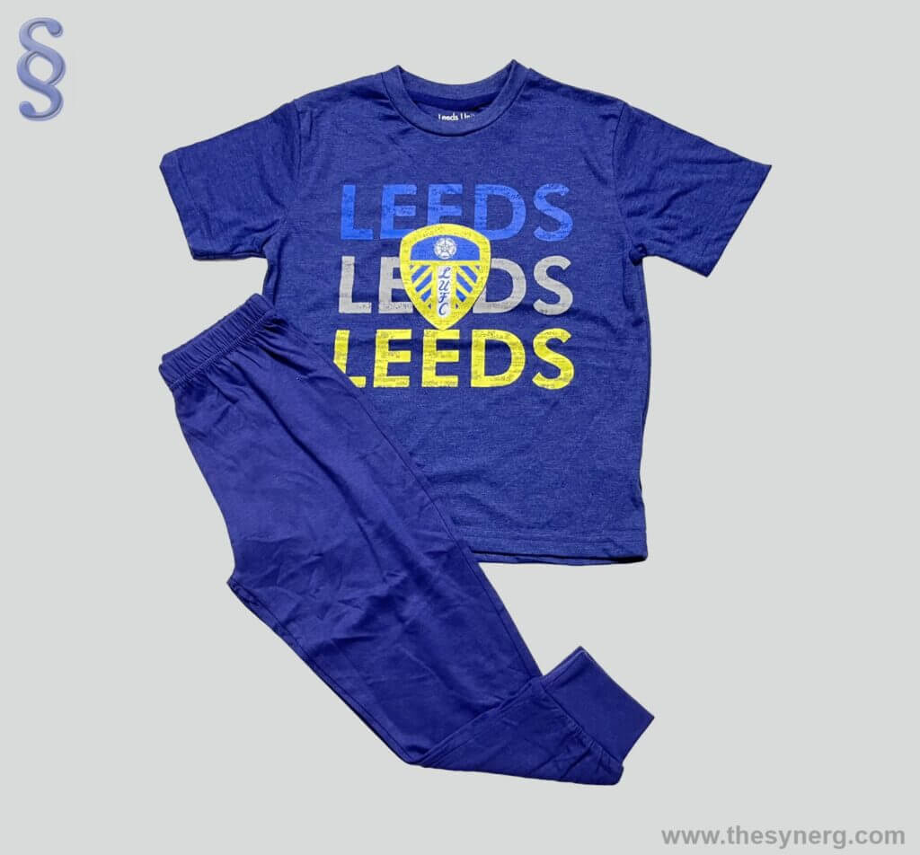 Pajama Manufacturers in India | Private Label Custom Cotton Pajama Factory 8 Blue melange fabric nightwear set with Leeds print and matching pants made by professional nightwear and homewear manufacturers for global brands