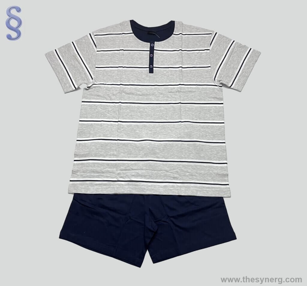 Yarn dyed mens nightwear with shorts made using 180 GSM single jersey fabric by Synerg, which is cotton casual nightwear manufacturer in India