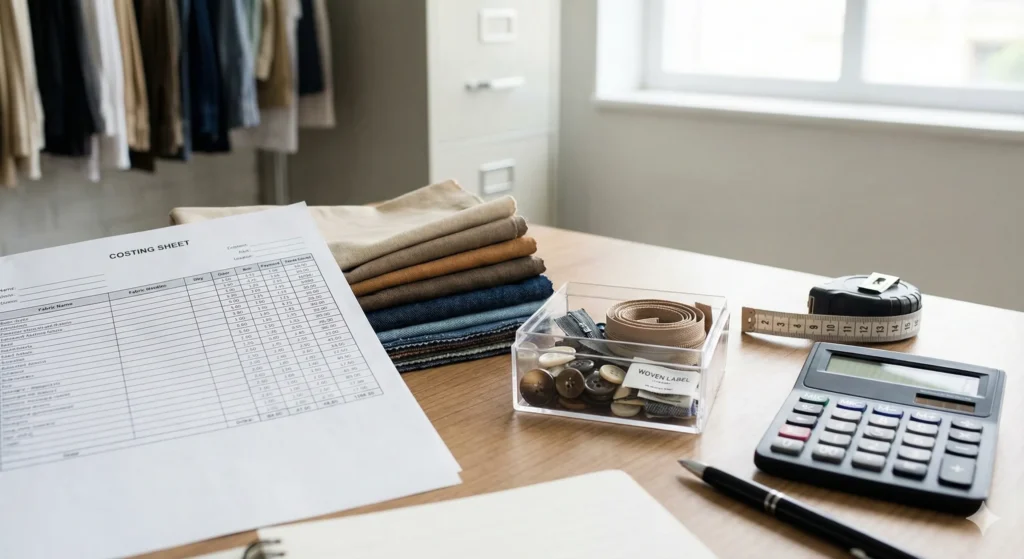 Garment costing process showing fabric, trims, and costing sheet