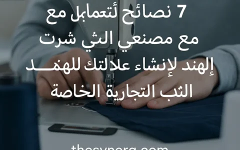 صورة تُظهر ماكينة خياطة تعمل على قميص تي شيرت داكن، تمثل مصنع تي شيرت في الهند، مع نص عربي يتحدث عن ٧ نصائح للتعامل مع مصنعي السويت شيرت الهند، مصنع تي شيرتات في الهند، هودي الهند، مصنع ملابس الرجال في الهند، شركة تصنيع ملابس الأطفال في الهند، ملابس رياضية مخصصة الهند، ملابس نسائية في الهند، ملابس نوم هندية، ملابس اليوغا الهند، وملابس ذات علامة تجارية خاصة، مع رابط thesynerg.com.