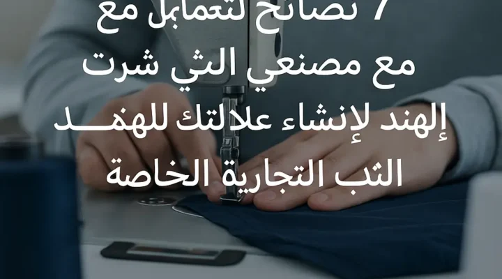 صورة تُظهر ماكينة خياطة تعمل على قميص تي شيرت داكن، تمثل مصنع تي شيرت في الهند، مع نص عربي يتحدث عن ٧ نصائح للتعامل مع مصنعي السويت شيرت الهند، مصنع تي شيرتات في الهند، هودي الهند، مصنع ملابس الرجال في الهند، شركة تصنيع ملابس الأطفال في الهند، ملابس رياضية مخصصة الهند، ملابس نسائية في الهند، ملابس نوم هندية، ملابس اليوغا الهند، وملابس ذات علامة تجارية خاصة، مع رابط thesynerg.com.