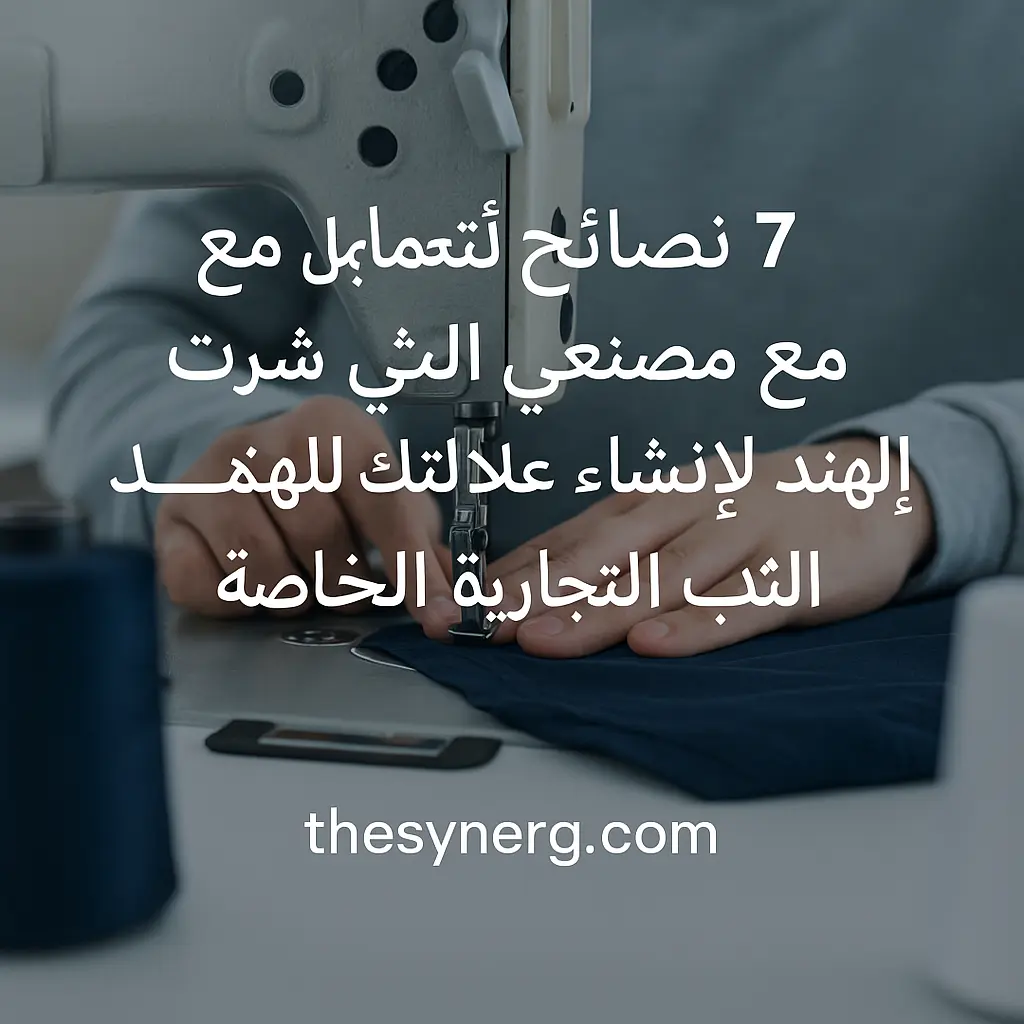 صورة تُظهر ماكينة خياطة تعمل على قميص تي شيرت داكن، تمثل مصنع تي شيرت في الهند، مع نص عربي يتحدث عن ٧ نصائح للتعامل مع مصنعي السويت شيرت الهند، مصنع تي شيرتات في الهند، هودي الهند، مصنع ملابس الرجال في الهند، شركة تصنيع ملابس الأطفال في الهند، ملابس رياضية مخصصة الهند، ملابس نسائية في الهند، ملابس نوم هندية، ملابس اليوغا الهند، وملابس ذات علامة تجارية خاصة، مع رابط thesynerg.com.