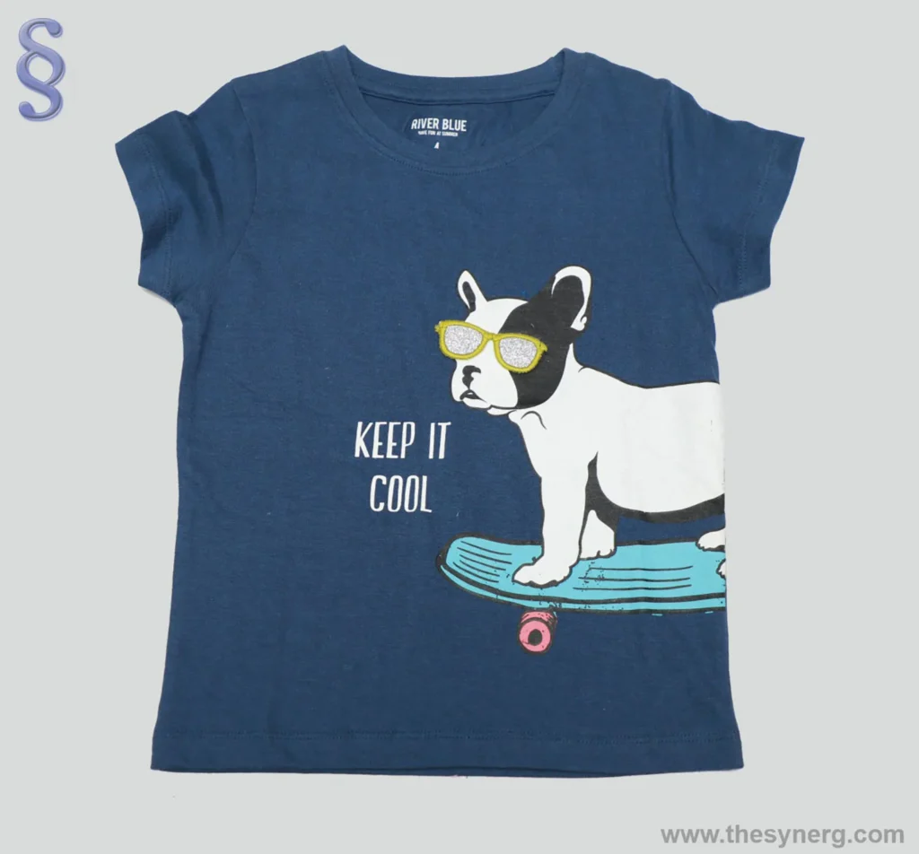 Top and white label kids clothing manufacturers in India creating dog-print T-shirts with premium organic cotton fabrics crafted in Tirupur.