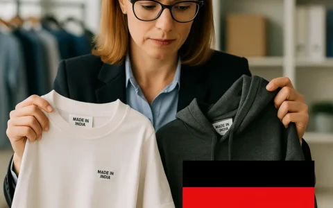 Professional German fashion buyer reviewing hoodie and t-shirt samples from Synerg, clothing manufacturers in India.