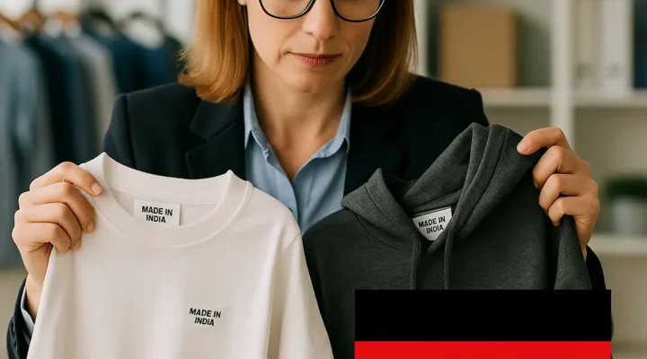 Professional German fashion buyer reviewing hoodie and t-shirt samples from Synerg, clothing manufacturers in India.