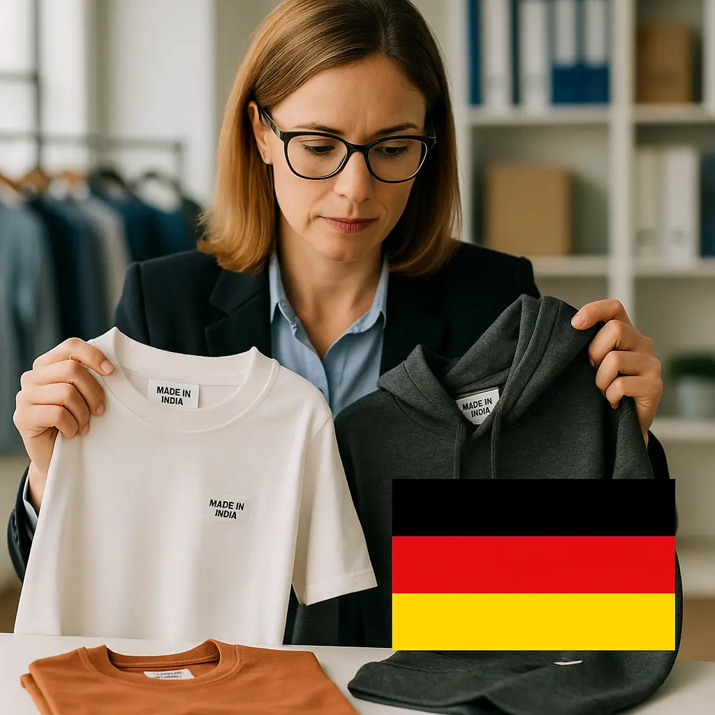 Professional German fashion buyer reviewing hoodie and t-shirt samples from Synerg, clothing manufacturers in India.