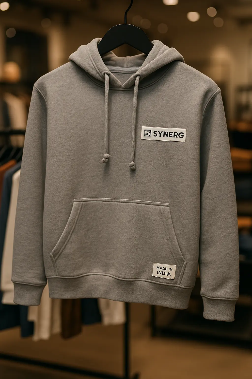 A digital image of a custom hoodie with Synerg logo, representing Indian clothing manufacturers for UK brands seeking private label apparel