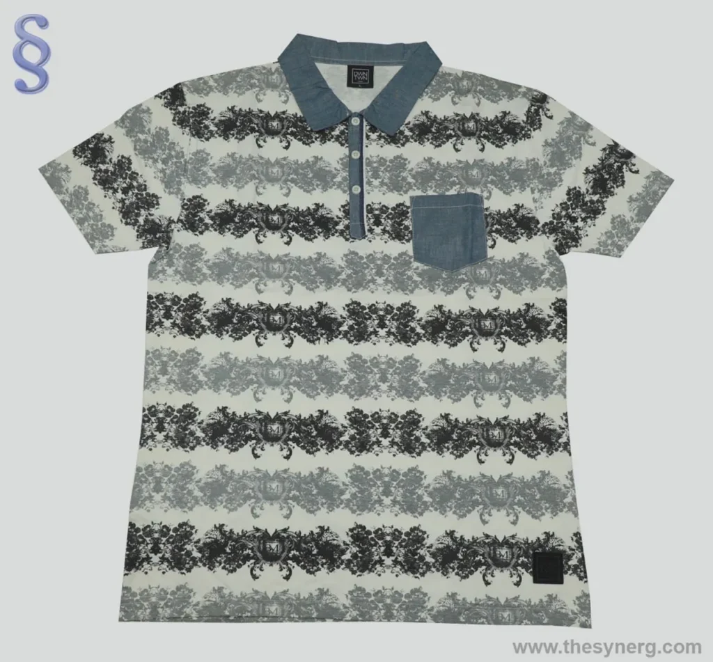 All-over printed men’s collared T-shirt produced by Indian casualwear manufacturers and printed garment exporters supplying private label apparel.