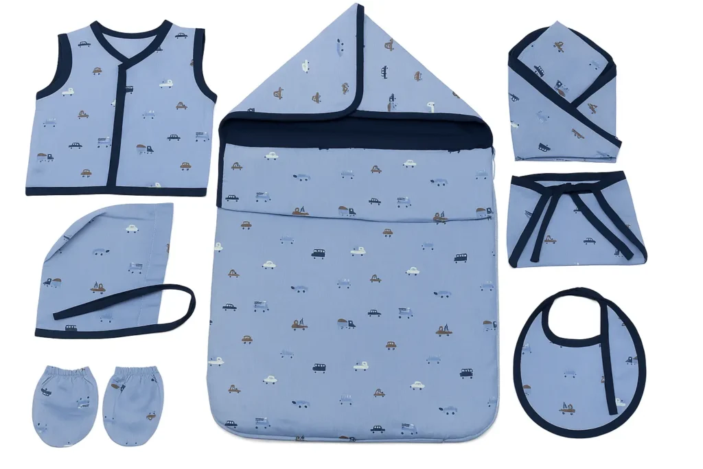 Baby Blanket Manufacturers in India – Fleece Flannel Cotton Knitted Baby Hooded Towels | Sleeping Bags 7 Blue all-over printed babywear with sleeping bag and towel by Synerg – baby blanket and sleeping bag manufacturers in India