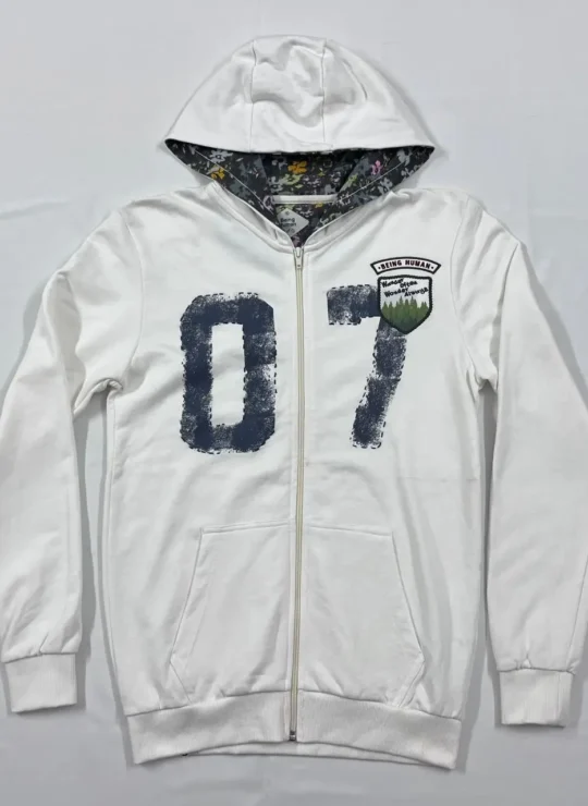 Clothing Manufacturers & Custom Apparel Supplier for Global Brands | Synerg 8 White printed cotton fleece apparel made by private label clothing manufacturers for international fashion brands