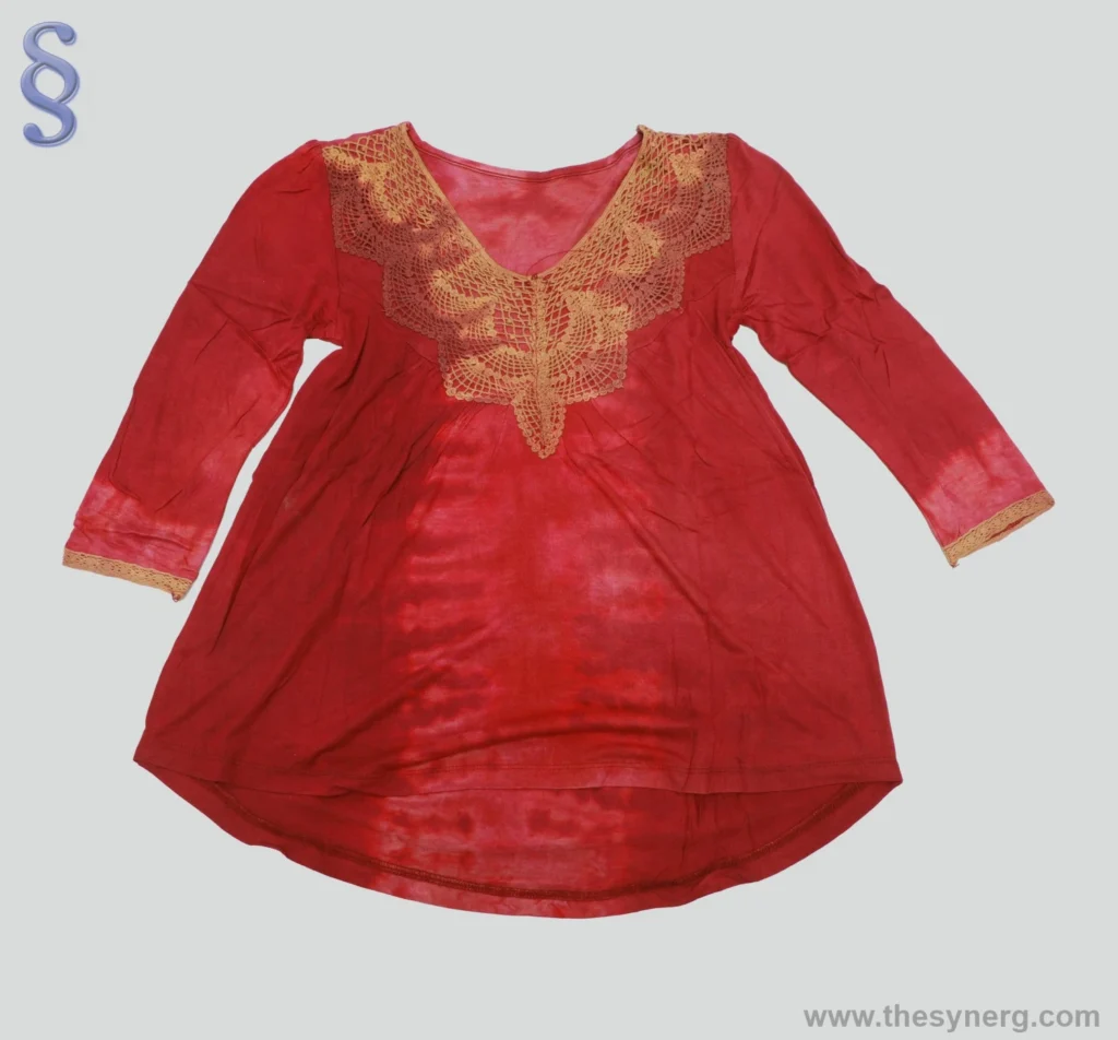 Women’s full sleeve tie-dye top with applique design made by Indian fashion apparel exporters and ladies garment suppliers for global retail.