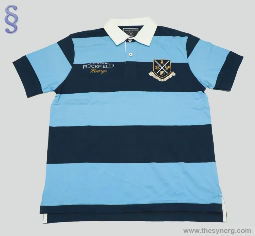 Yarn dyed striped collared men’s T-shirt with applique embroidery made by Indian apparel production houses and readymade garment exporters.