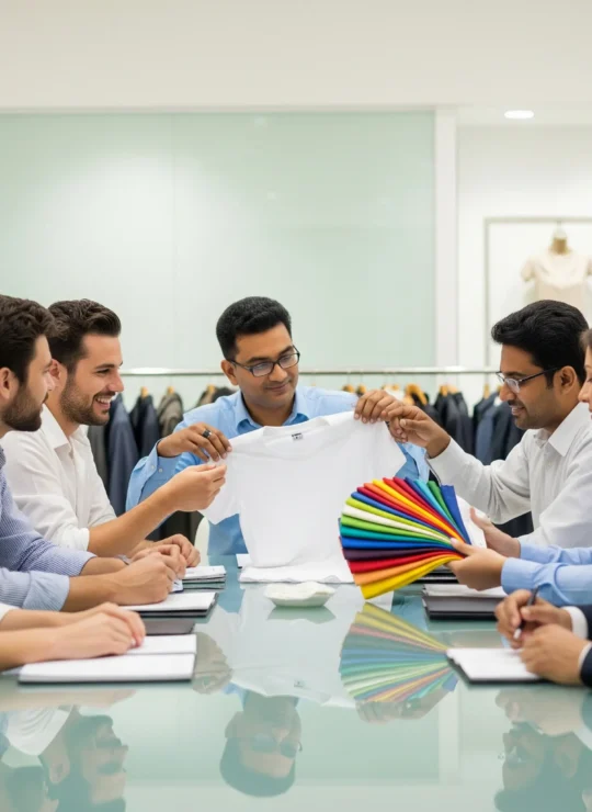 Synerg garment buying office in Tirupur meeting with factory team to coordinate apparel sourcing for global brands