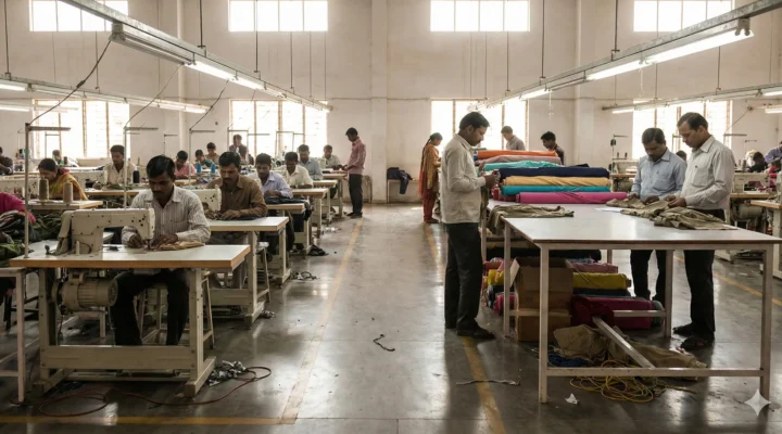 Garment manufacturing process showing fabric inspection, stitching, and quality control