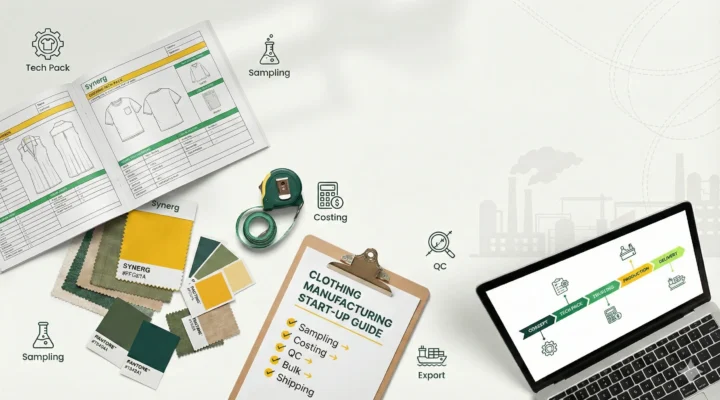 Overhead view of a fashion entrepreneur's workspace showing a business plan on a laptop, design sketches, fabric swatches, and legal documents for launching a clothing brand.