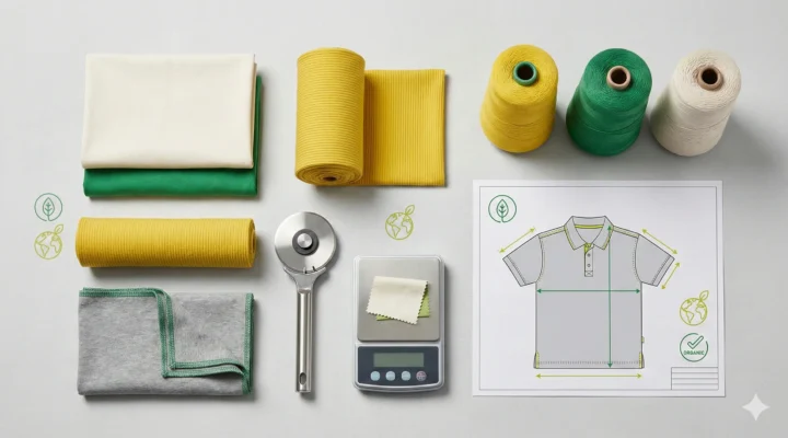 Close-up of a textile quality control lab showing a round GSM cutter, digital weighing scale, and magnified fabric swatches for thread count analysis